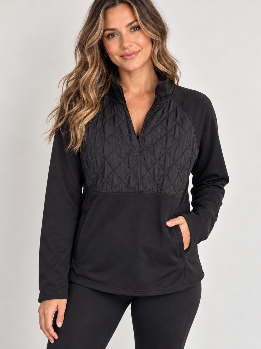 Avia Women’s Large Black Quilted 1/4 Zip Pullover Activewear Top L 12-14
